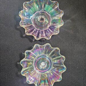 Two 1950s Federal Glass Celestial Rainbow Iridescent Scalloped Candle Holders